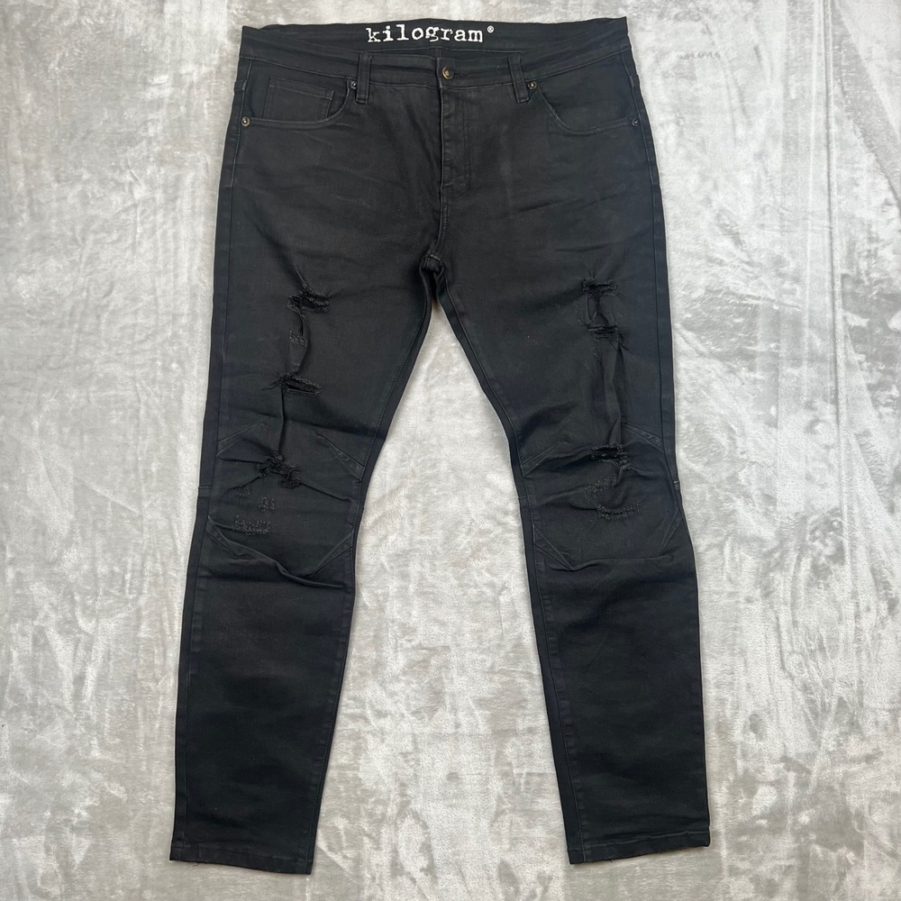 KILOGRAM Mens Black Distressed Moto Jeans Slim Fit Ripped Denim Pants